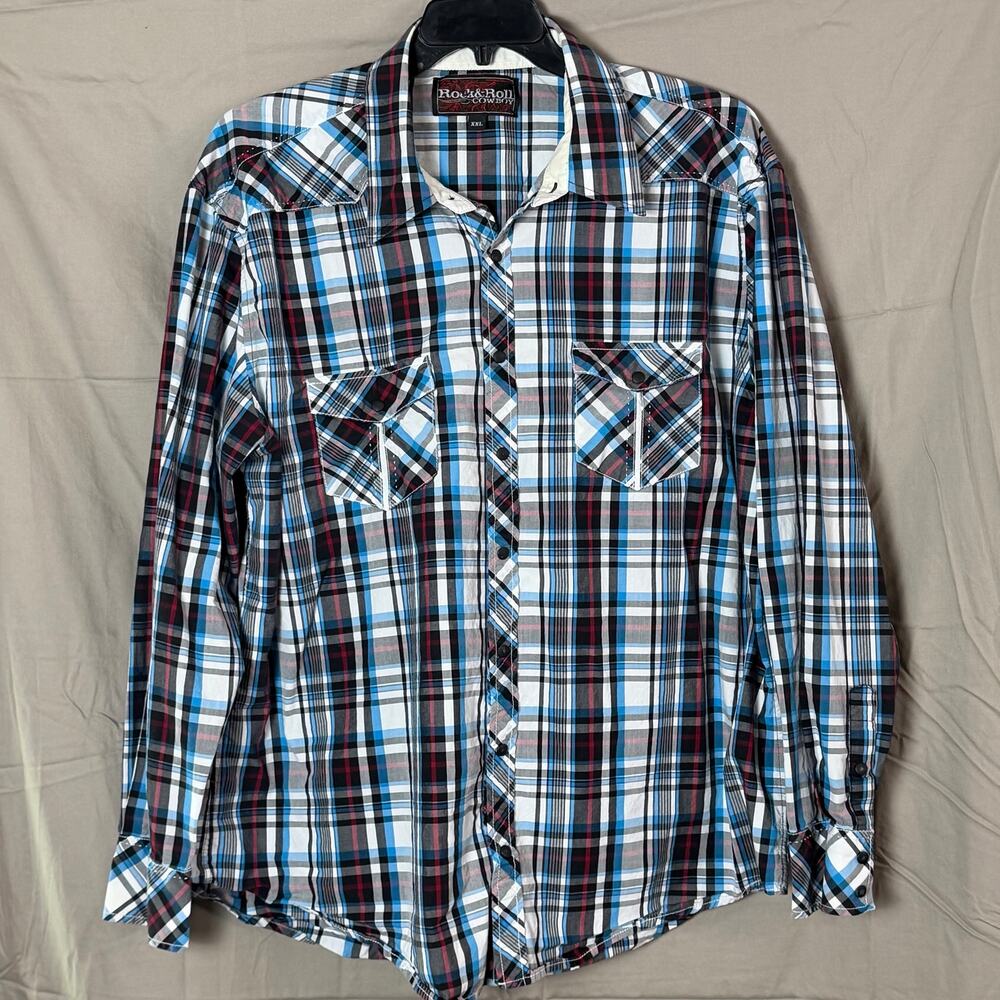 Rock & Roll Cowboy shirt men’s XXL long sleeve button up blue & black plaid
